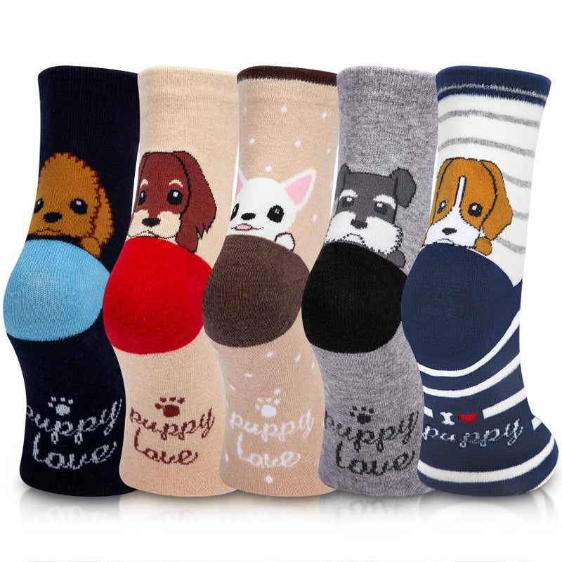 YSense Womens Cute Animal Painting Socks 5 Pairs, Funny and Cool 100% Cotton Art Dog Cat Socks for Women, Black & brown & yellow & blue & gray - Image 1